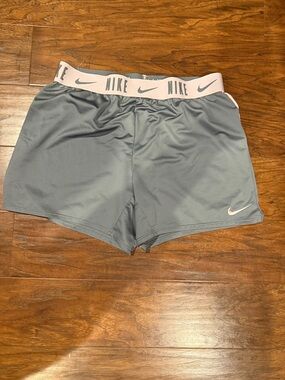 Nike Women's Gray Athletic Shorts with Pink Branded Waistband